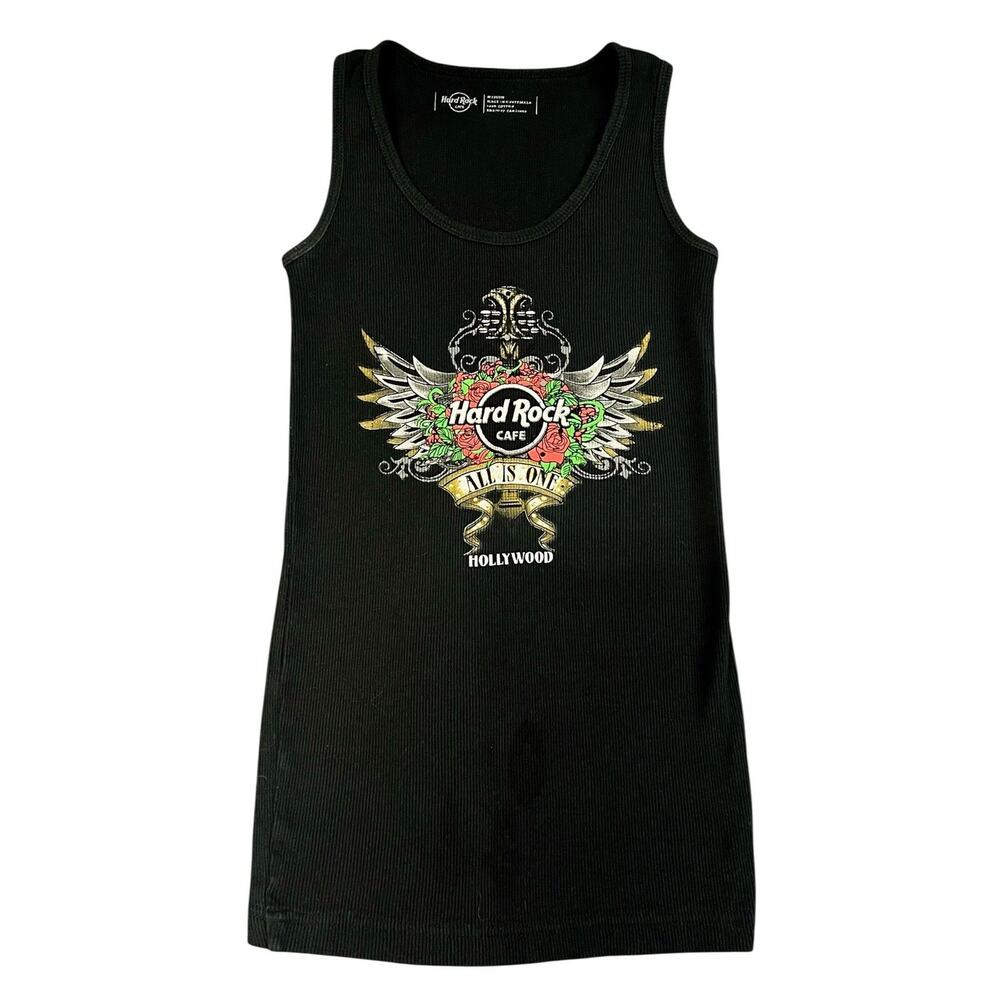 Hard Rock Cafe Hollywood Ribbed Tank Top Women’s Medium Black Graphic